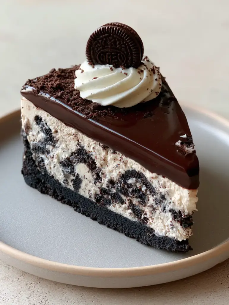 Smartphone photo of a chocolate Oreo cake slice showing the velvety cookies-and-cream mousse layers.
