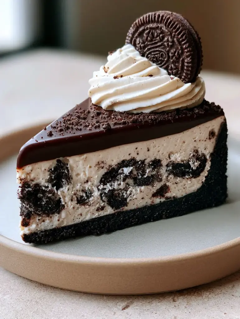 Chocolate Oreo Cake: The Ultimate No-Bake Cookies and Cream Delight 1 Close up of the glossy dark chocolate ganache glaze and whipped cream garnish on a chocolate Oreo cake.
