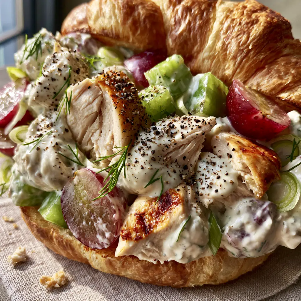 Extreme close-up of hand-torn roasted chicken salad with emerald celery and red grapes. (chicken salad sandwiches)
