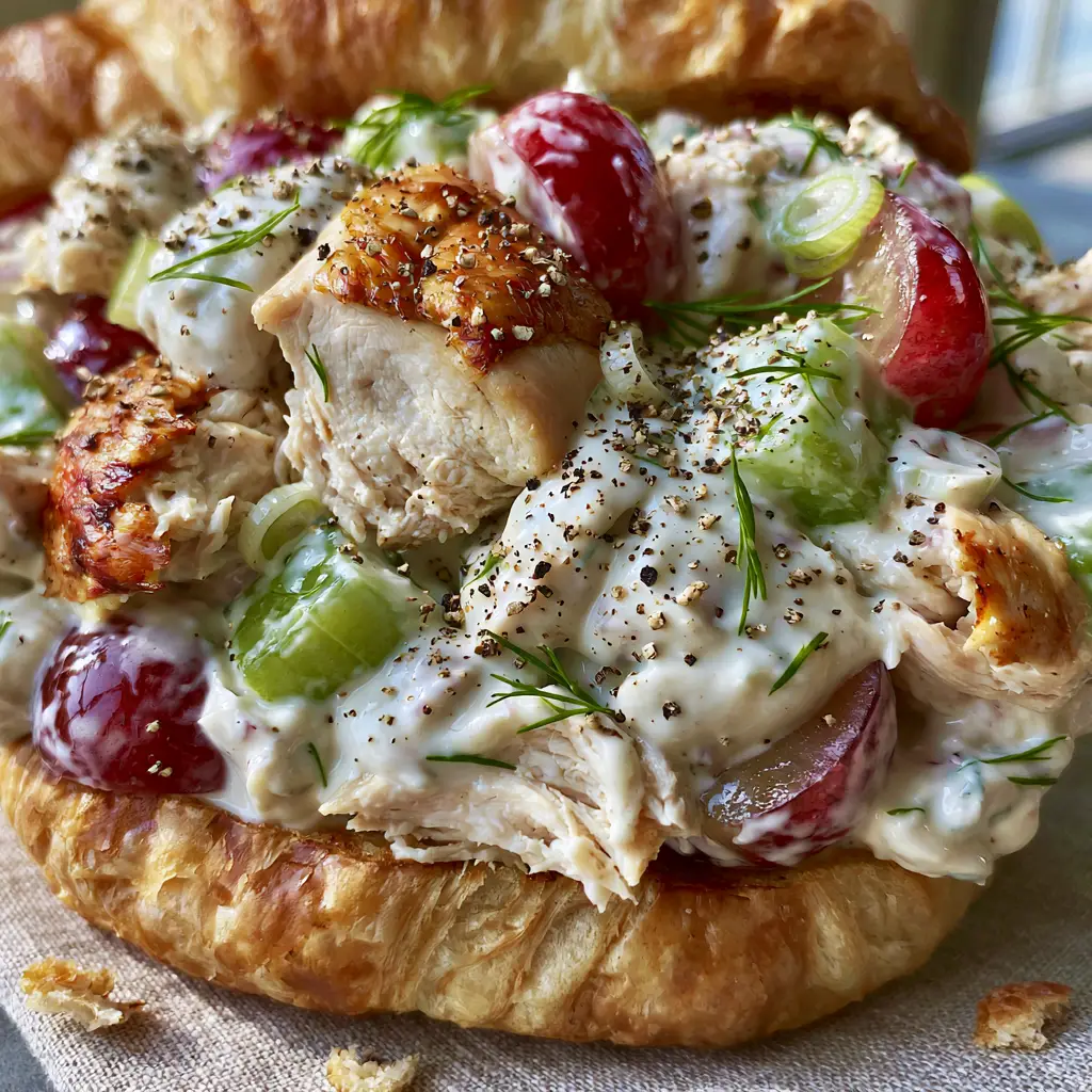 Chicken Salad Sandwiches on Buttery Toasted Croissants 1 A close-up of a chicken salad sandwich on a croissant showing flaky layers and fresh dill garnish. (chicken salad sandwiches)