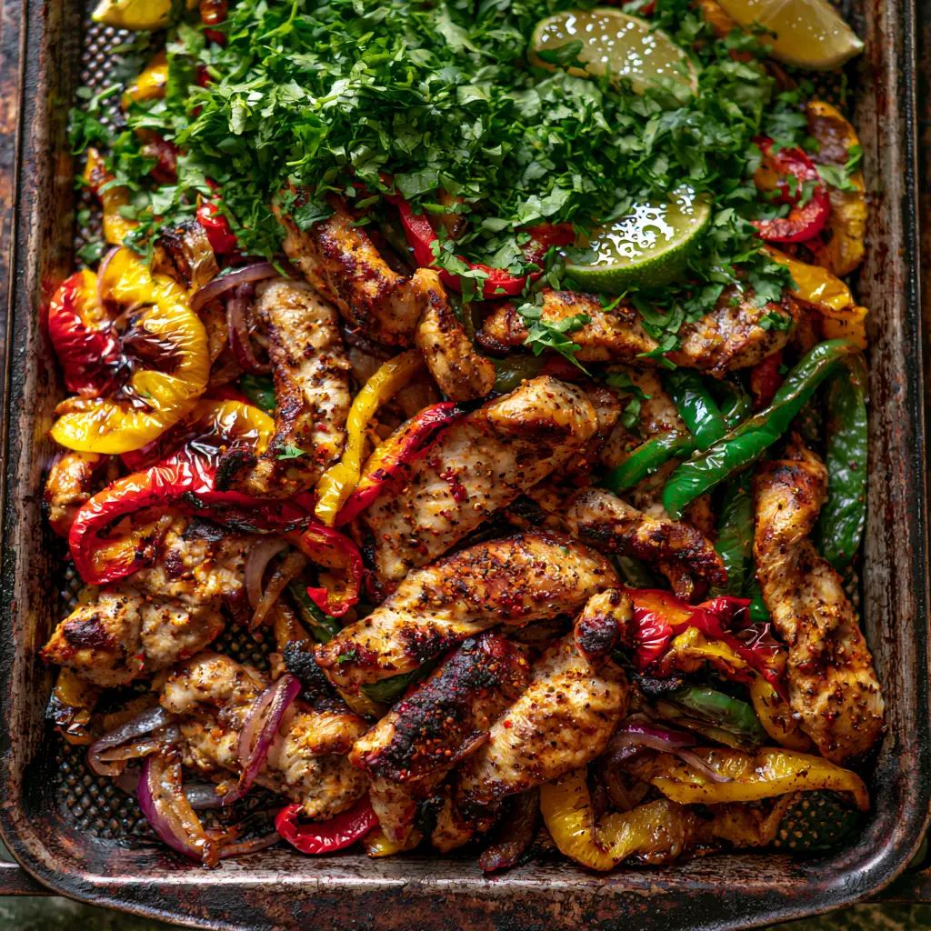 Close-up of seared chicken breast strips and blistered red and green bell peppers for Sheet Pan Chicken Fajitas.