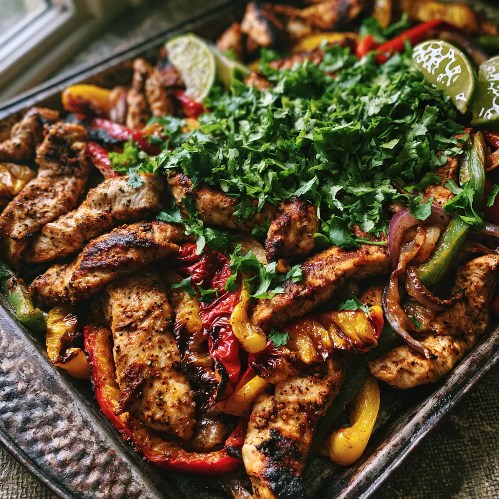 Sheet Pan Chicken Fajitas with Charred Peppers and Lime 1 Sizzling Sheet Pan Chicken Fajitas topped with fresh cilantro flakes and glistening lime juice droplets on a textured baking tray.