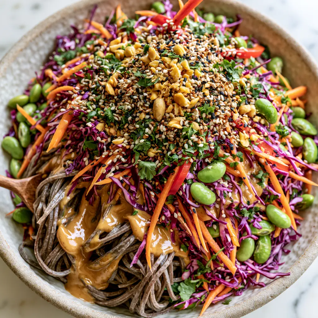 Close up of textured ceramic bowl containing soba noodle salad with a wooden spoon and visible sesame seed garnish.