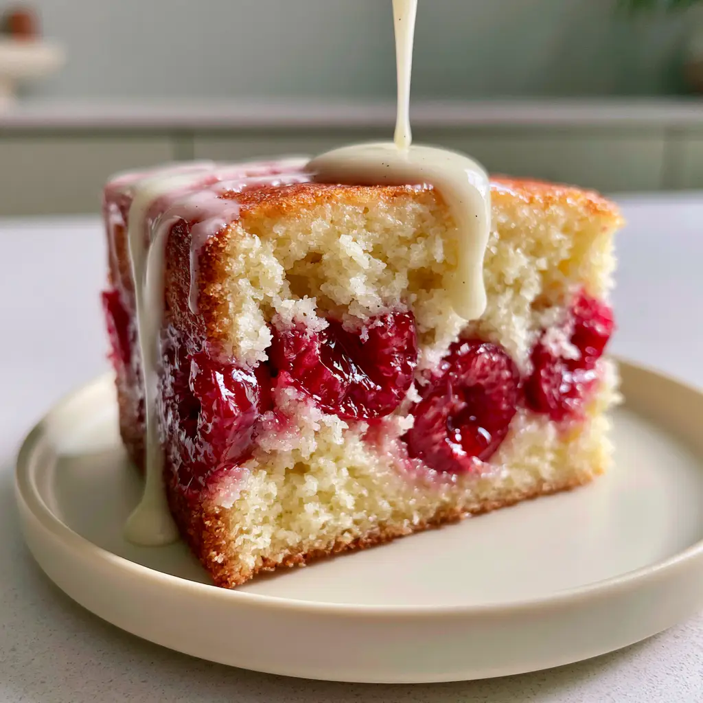 Vanilla Cherry Cake: A Buttery Sponge with Ruby-Red Cherries and Thick Vanilla Bean Glaze 1 A full view of the Vanilla Cherry Cake with a golden-brown crust and a thick opaque white glaze.