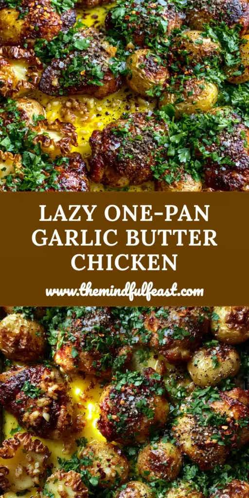 One Pan Chicken and Potatoes with Crispy Garlic Butter and Herbs 4 A rustic dark metal baking sheet filled with crispy seared chicken thighs and blistered Yukon Gold potatoes, garnished with parsley and garlic butter. (one pan chicken and potatoes)