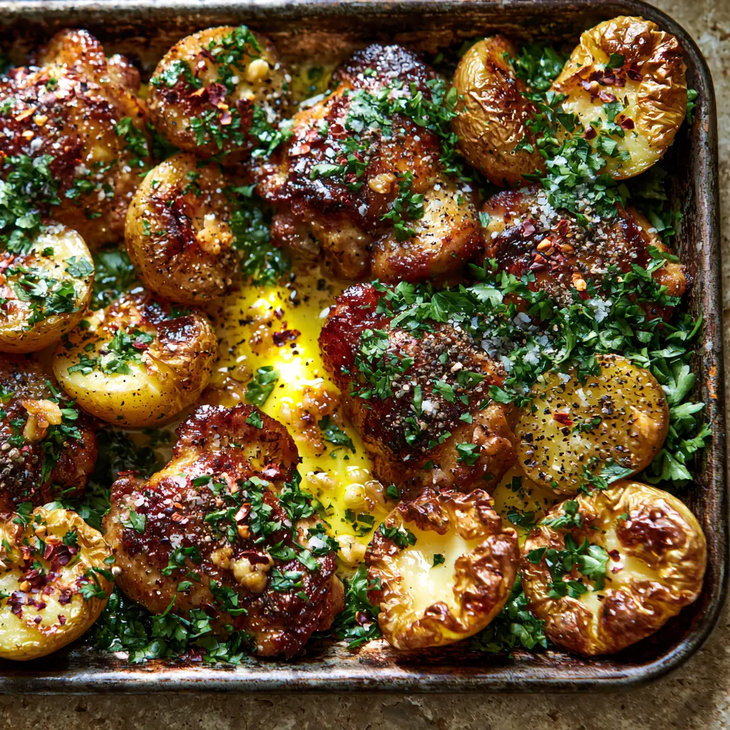 Top-down view of roasted chicken chunks and halved potatoes on a dark metal pan with glistening garlic butter. (one pan chicken and potatoes)