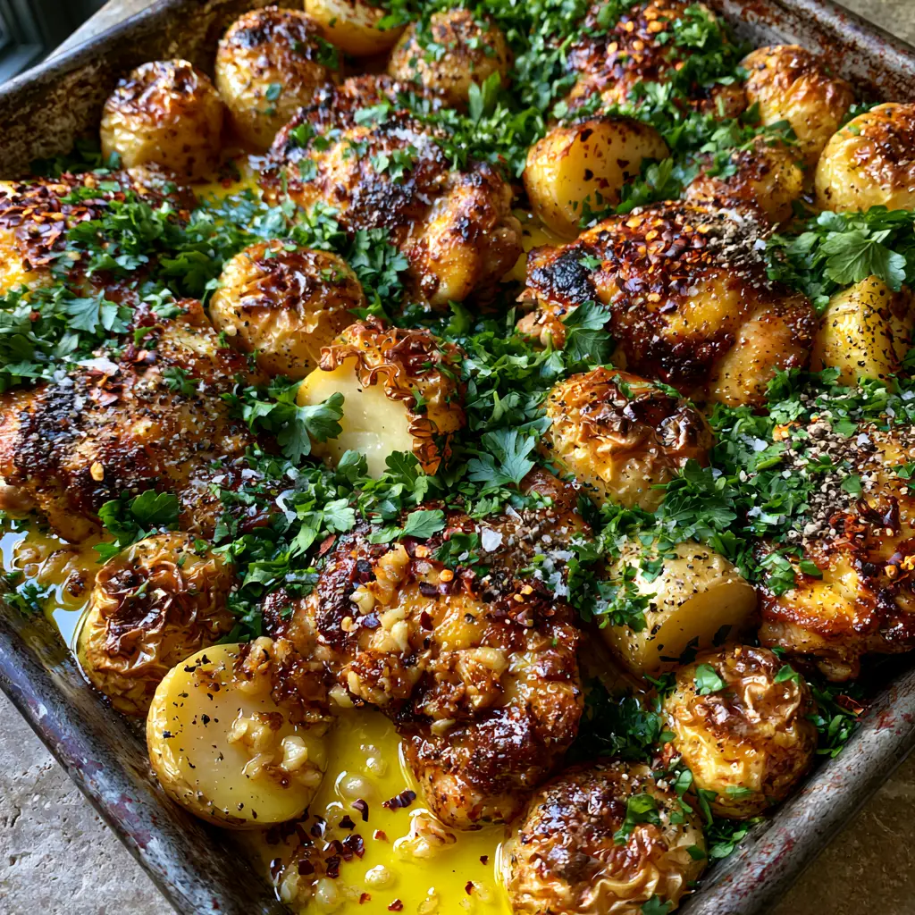 One Pan Chicken and Potatoes with Crispy Garlic Butter and Herbs 1 Close-up of blistered baby Yukon Gold potatoes and seared chicken pieces with red chili flakes and fresh parsley.