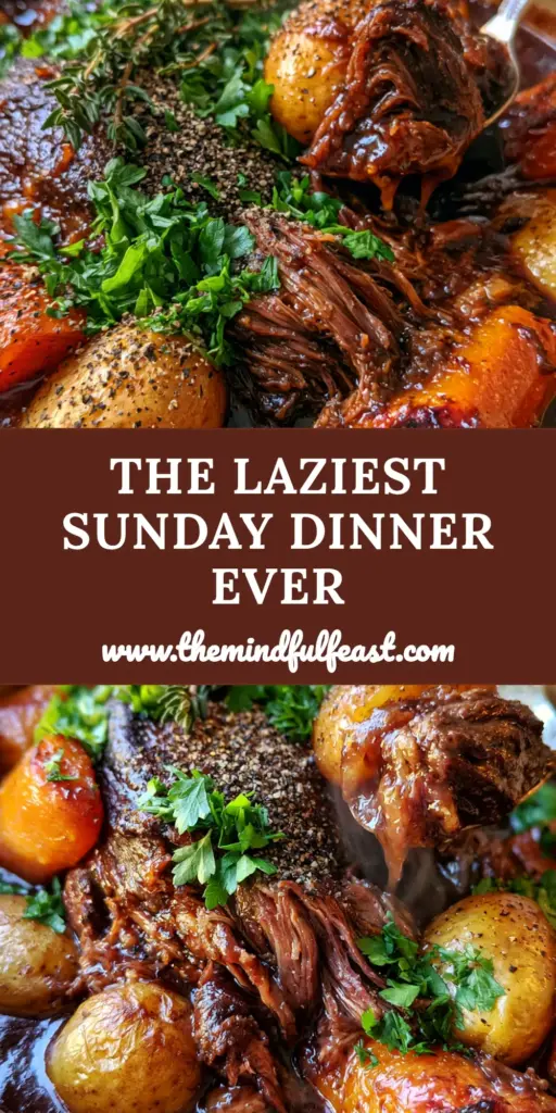 A rustic ceramic pot filled with tender braised beef and baby gold potatoes for Sunday dinner recipes.