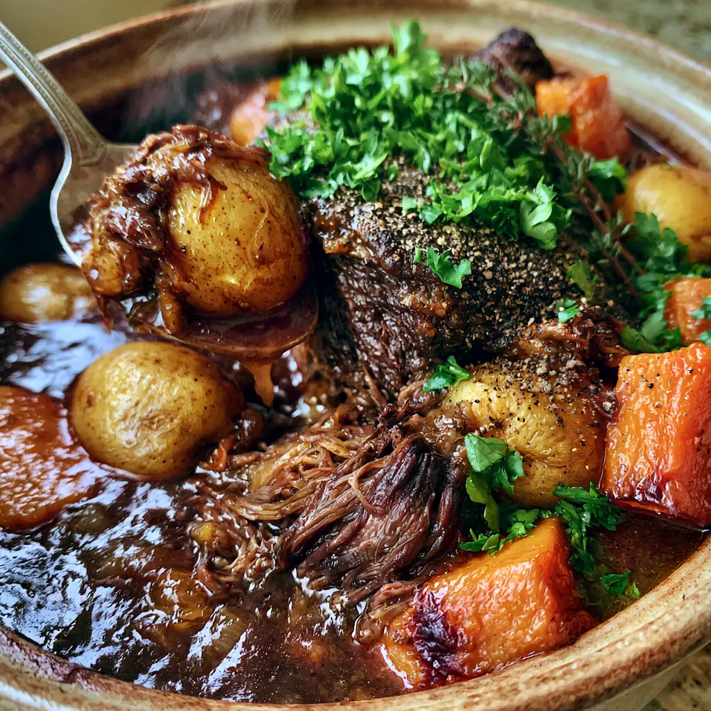 Close-up of shredded beef fibers in a glossy mahogany onion gravy. (Sunday dinner recipes)