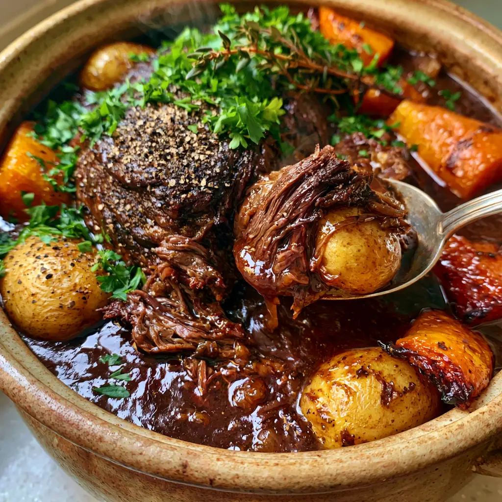 Steaming pot roast with caramelized carrots and skin-on baby gold potatoes.