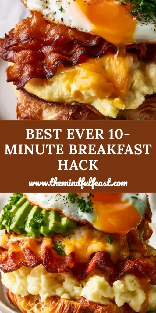 Breakfast Croissant Sandwich: The Ultimate Gourmet Morning Guide 4 A towering gourmet Breakfast Croissant Sandwich with cascading orange egg yolk, crispy bacon, and fanned avocado on a ceramic plate.