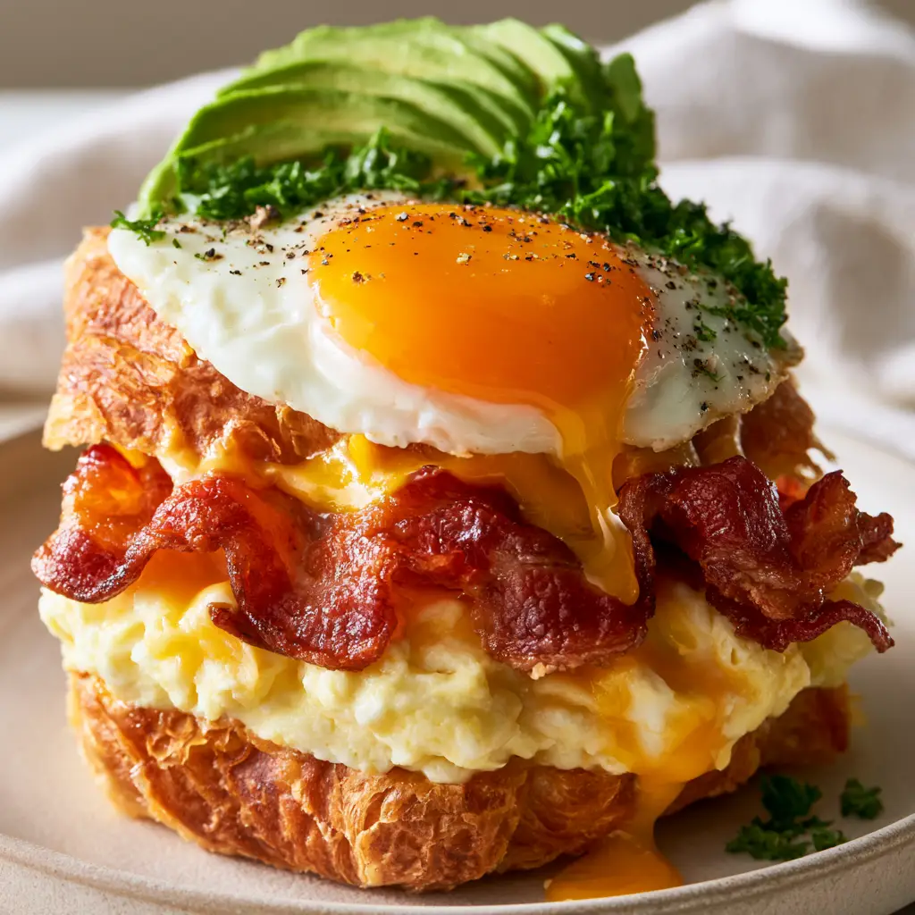 Extreme close-up of the honeycomb layers of a toasted Breakfast Croissant Sandwich with glistening bacon.
