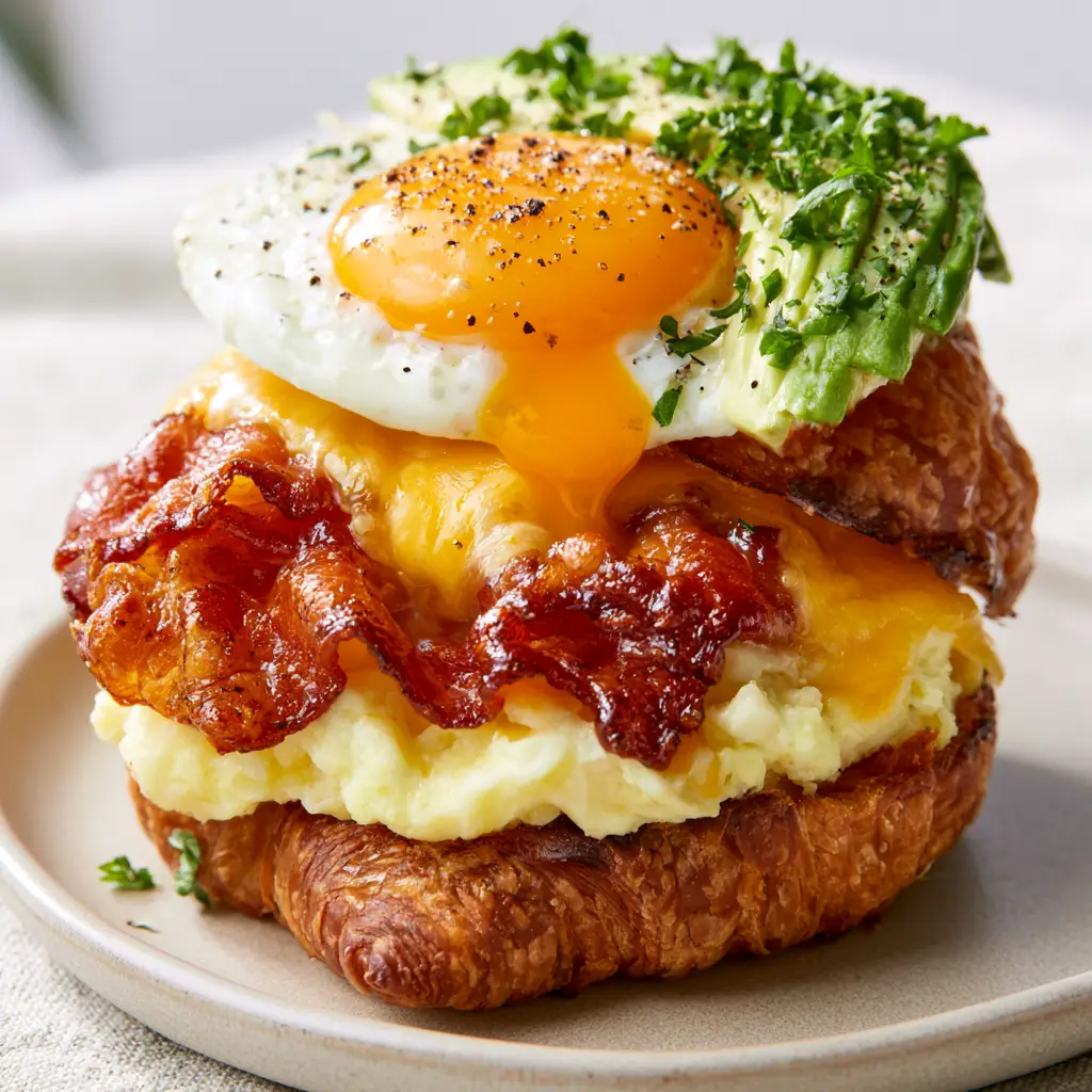 Breakfast Croissant Sandwich: The Ultimate Gourmet Morning Guide 1 Macro shot of a sunny-side-up egg yolk cascading down a Breakfast Croissant Sandwich with melted sharp cheddar.