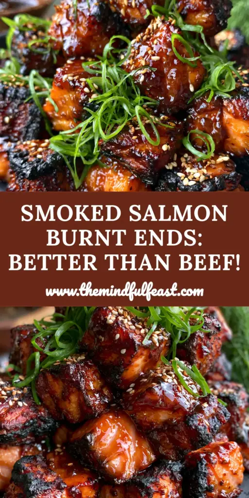 Smoked Salmon Burnt Ends with a Glistening Honey Garlic Glaze 4 A towering pile of smoked salmon burnt ends with charred edges and a glistening honey garlic glaze on a black plate. (smoked salmon burnt ends)