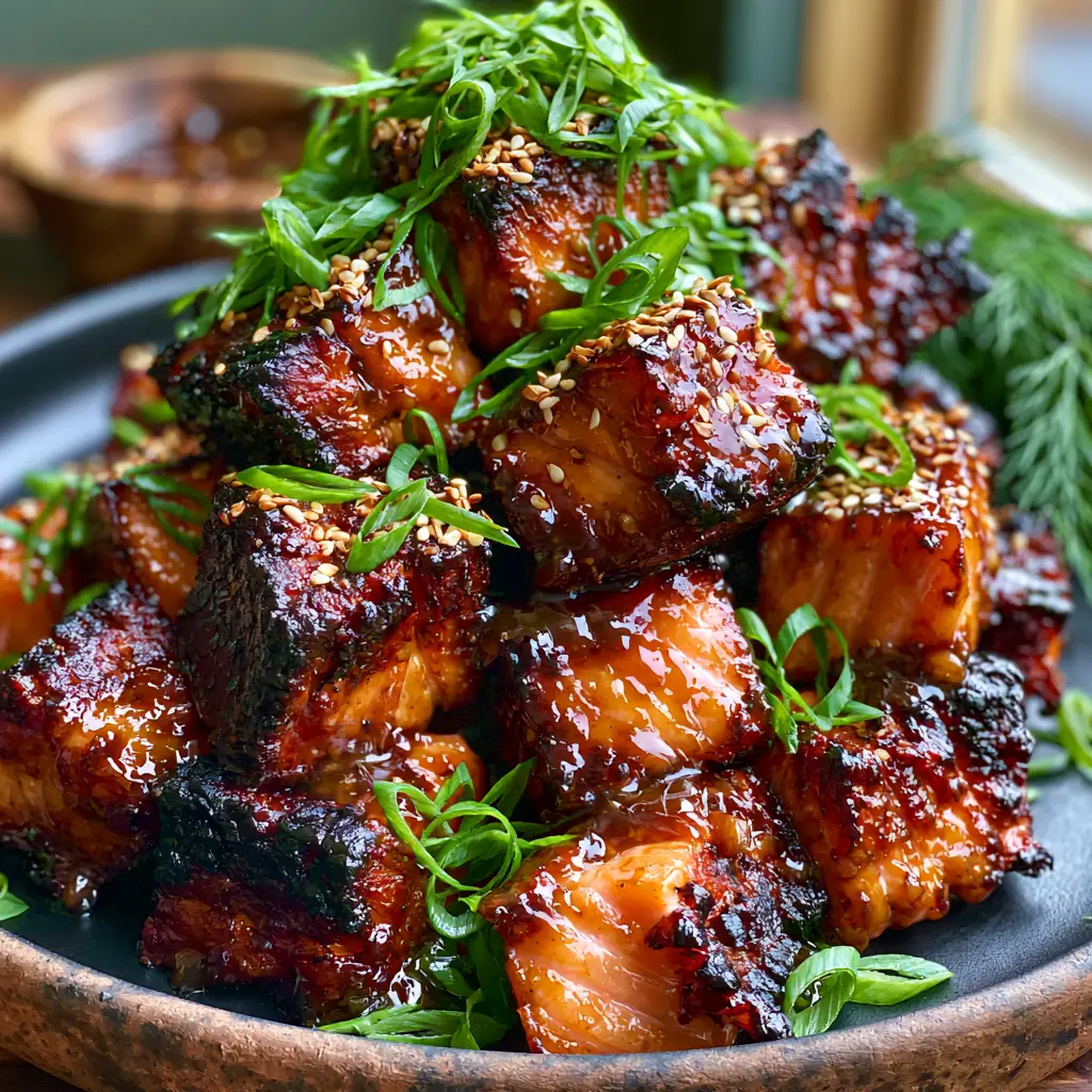 Macro shot of hot smoked salmon burnt ends showing the moist orange-pink buttery center and sesame seed garnish. (smoked salmon burnt ends)