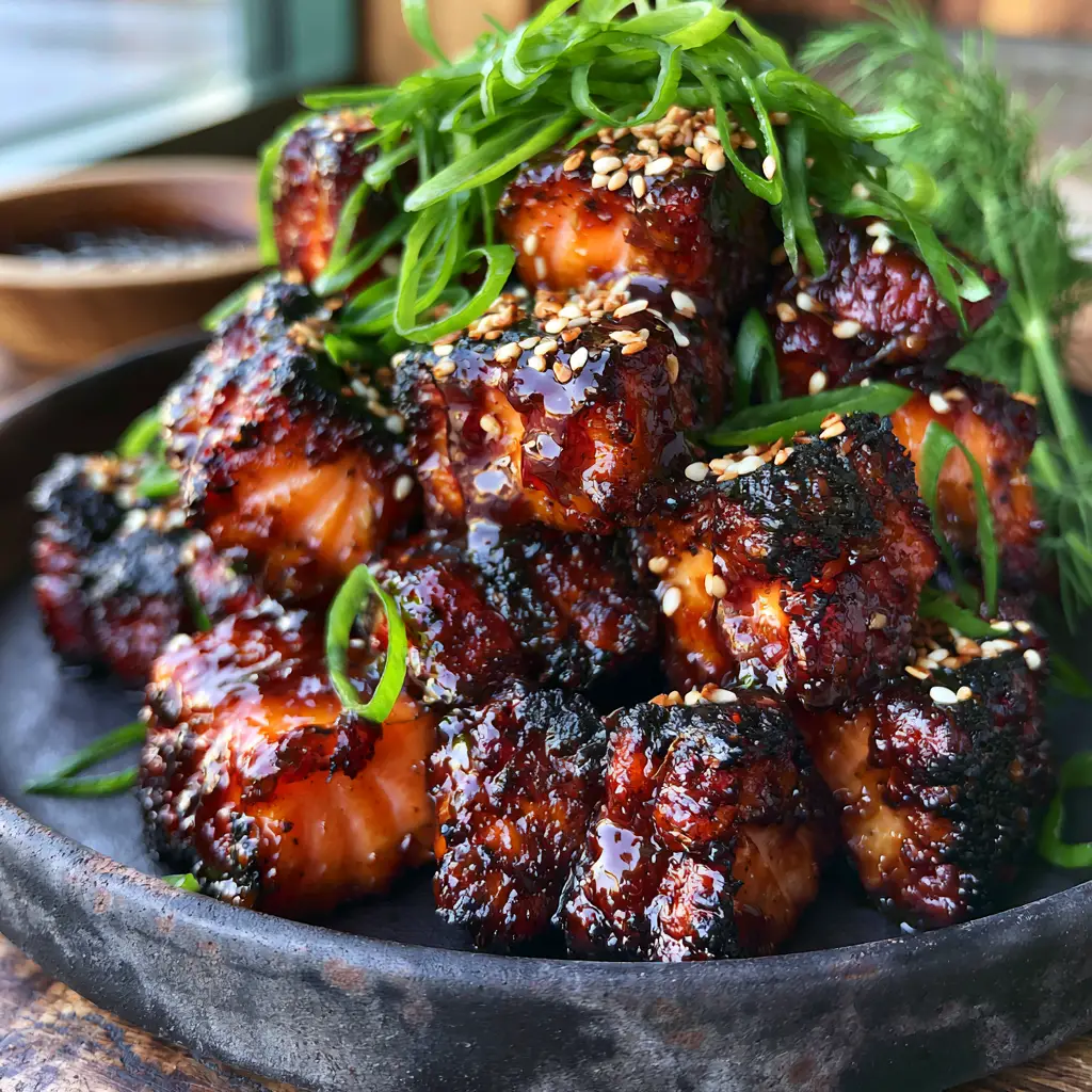 Smoked Salmon Burnt Ends with a Glistening Honey Garlic Glaze 1 A top-down view of glazed salmon cubes with fresh green onions and toasted sesame seeds on a rustic matte plate. (smoked salmon burnt ends)