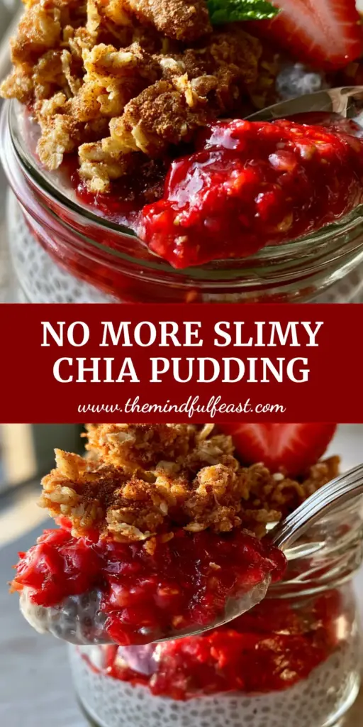 A close-up vertical shot of a Strawberry crumble chia pudding in a glass jar featuring distinct layers of white coconut cream, bright red strawberry compote, and golden toasted oat clusters.