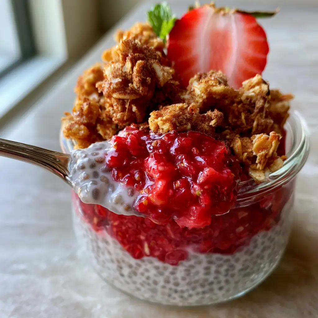 A handheld smartphone photo showing the top view of a chia pudding jar with golden-brown oat crumble, cinnamon dust, and a fresh mint garnish.