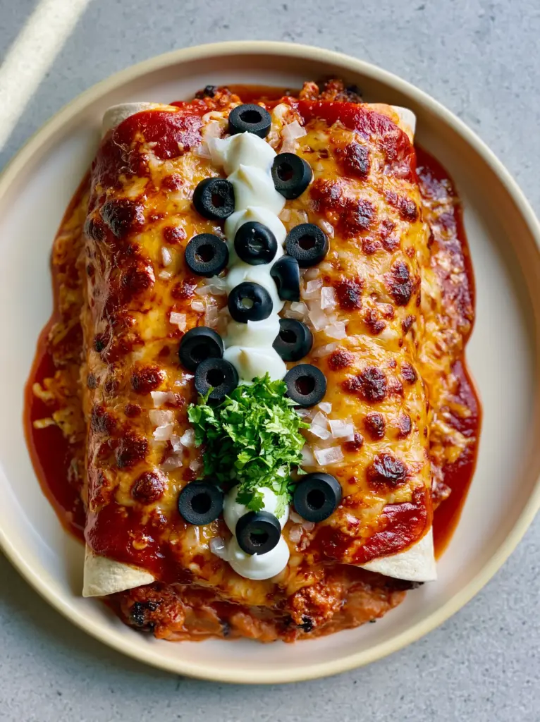 Two beef enchiritos garnished with sour cream, black olives, white onions, and cilantro on a neutral background. (Enchirito)