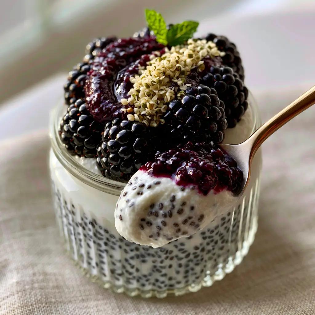 Eye-level shot of thick chia pudding showing visible black seeds in a white yogurt base with blueberry compote. (Chia pudding)
