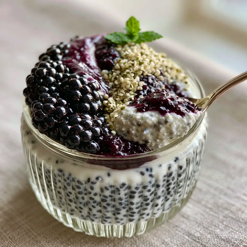 Close-up of a spoon lifting a thick glob of chia pudding topped with glistening blackberries and mint.
