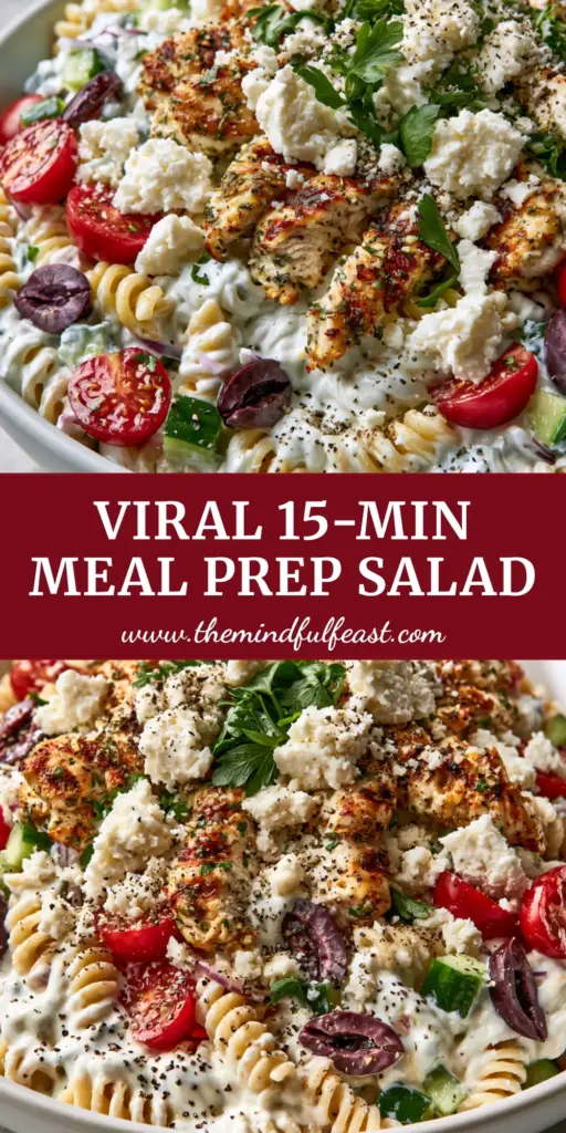 Healthy Chicken Pasta Salad with Creamy Greek Yogurt Dressing 3 A vibrant white bowl of Healthy Chicken Pasta Salad with seared herb chicken, rotini, and chunky feta cheese.