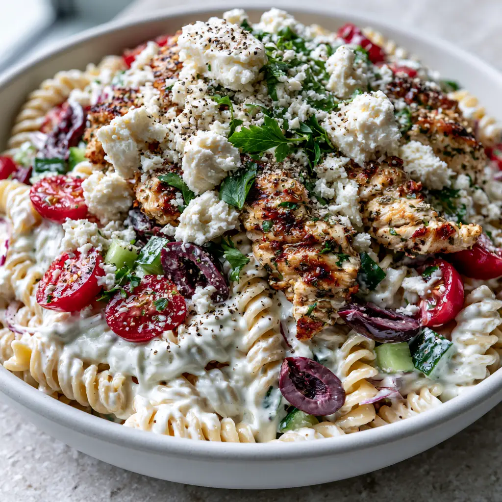Close up of Healthy Chicken Pasta Salad showing the velvety yogurt dressing and seared chicken grill marks.