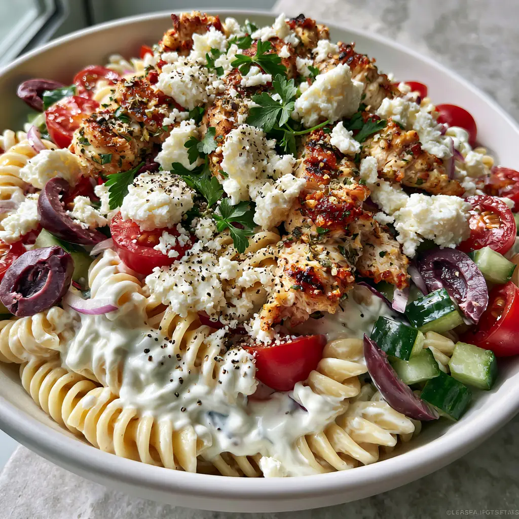 Healthy Chicken Pasta Salad with Creamy Greek Yogurt Dressing 1 Top-down view of Healthy Chicken Pasta Salad featuring emerald cucumbers, crimson tomatoes, and dark purple olives.
