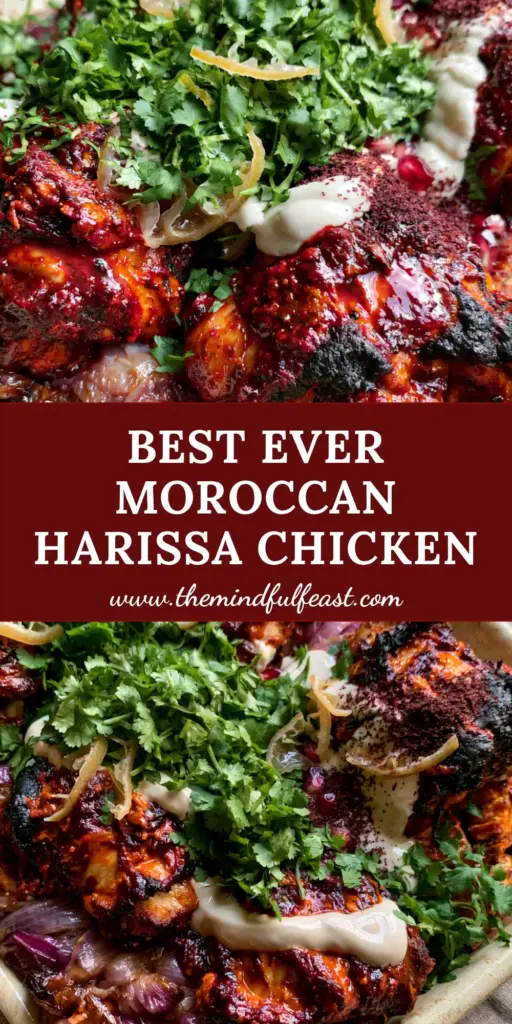 Moroccan Harissa Chicken with Roasted Sweet Potatoes and Tahini 4 A rustic sheet pan featuring charred Moroccan Harissa Chicken thighs with a crimson glaze, roasted sweet potatoes, and a creamy tahini drizzle. (Moroccan Harissa Chicken)