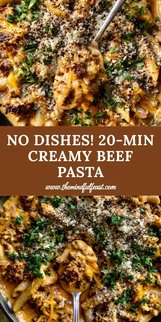 Creamy Beef Pasta with Sharp Cheddar and Seared Beef Crumbles 4 A rustic black skillet filled with creamy beef pasta, featuring glossy orange sauce, melted cheddar strings, and fresh parsley. (creamy beef pasta)