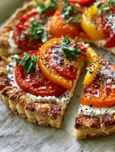 Angled close-up of a tomato tart showing visible shattered airy layers of golden brown puff pastry.