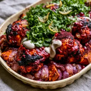 Close-up of juicy, skin-on chicken thighs with a vibrant crimson harissa glaze and charred edges on a bed of roasted vegetables. (Moroccan Harissa Chicken)