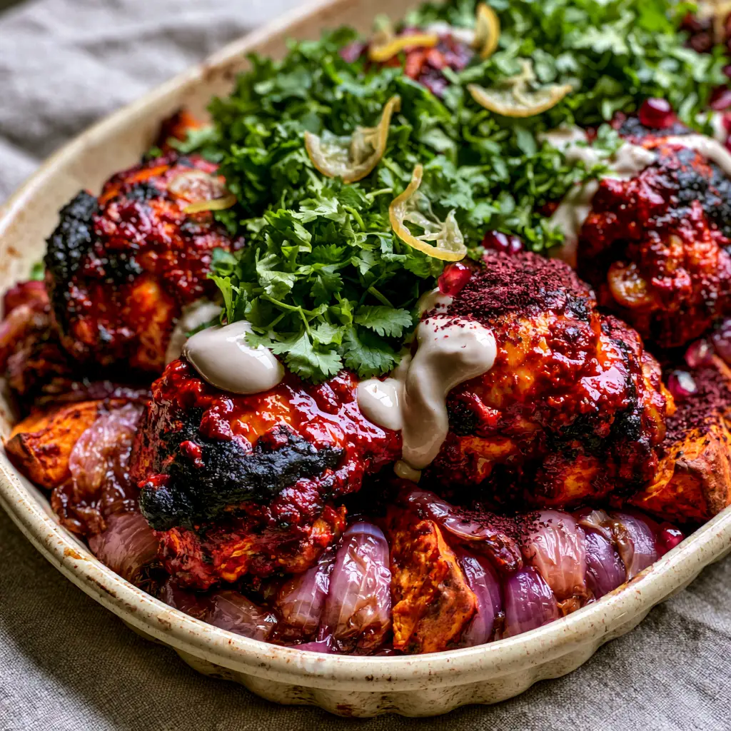 Close-up of juicy, skin-on chicken thighs with a vibrant crimson harissa glaze and charred edges on a bed of roasted vegetables. (Moroccan Harissa Chicken)