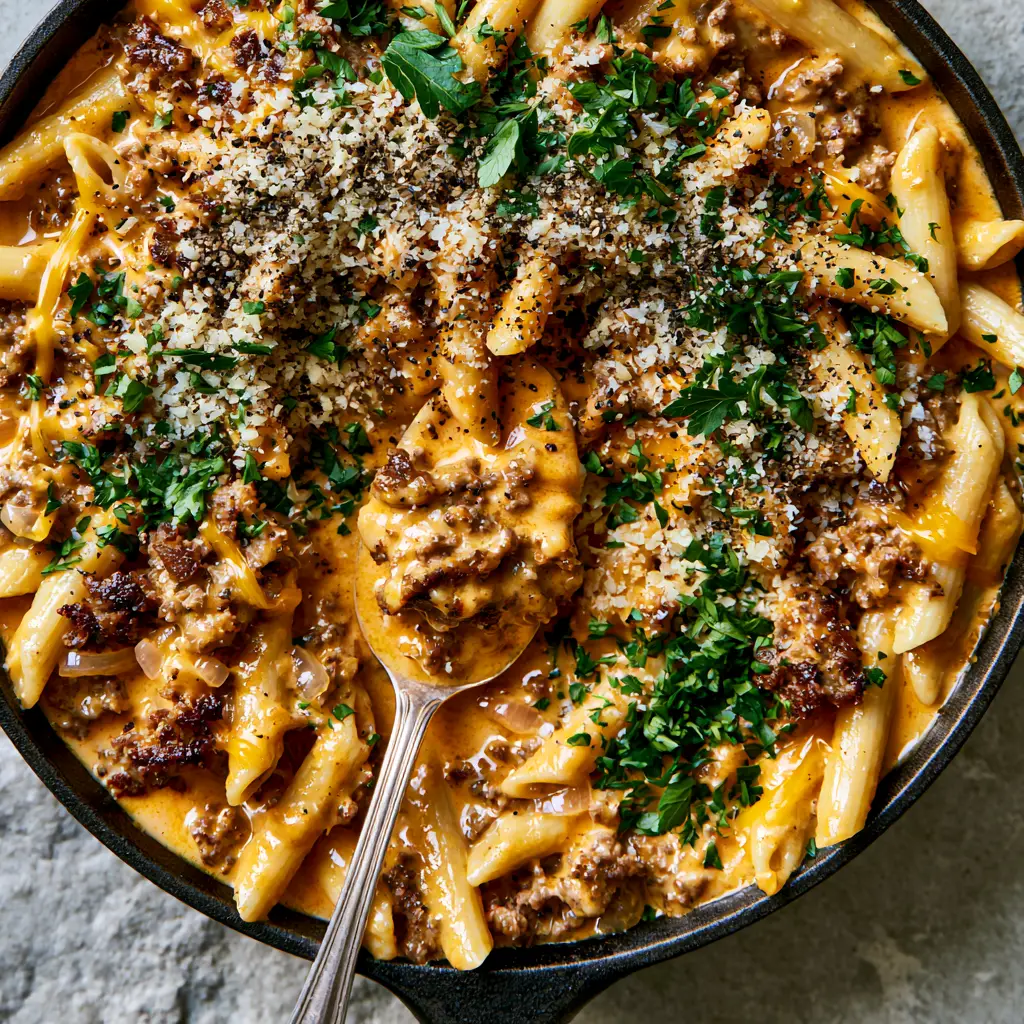 Top-down 45-degree angle shot of a rustic matte black cast iron skillet filled with creamy beef penne pasta and orange sauce. (creamy beef pasta)