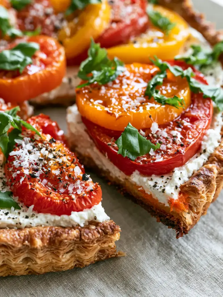 Tomato Tart with Flaky Puff Pastry and Heirloom Tomatoes 1 Top view of glistening red and yellow heirloom tomatoes on a tomato tart with fresh basil and coarse sea salt.
