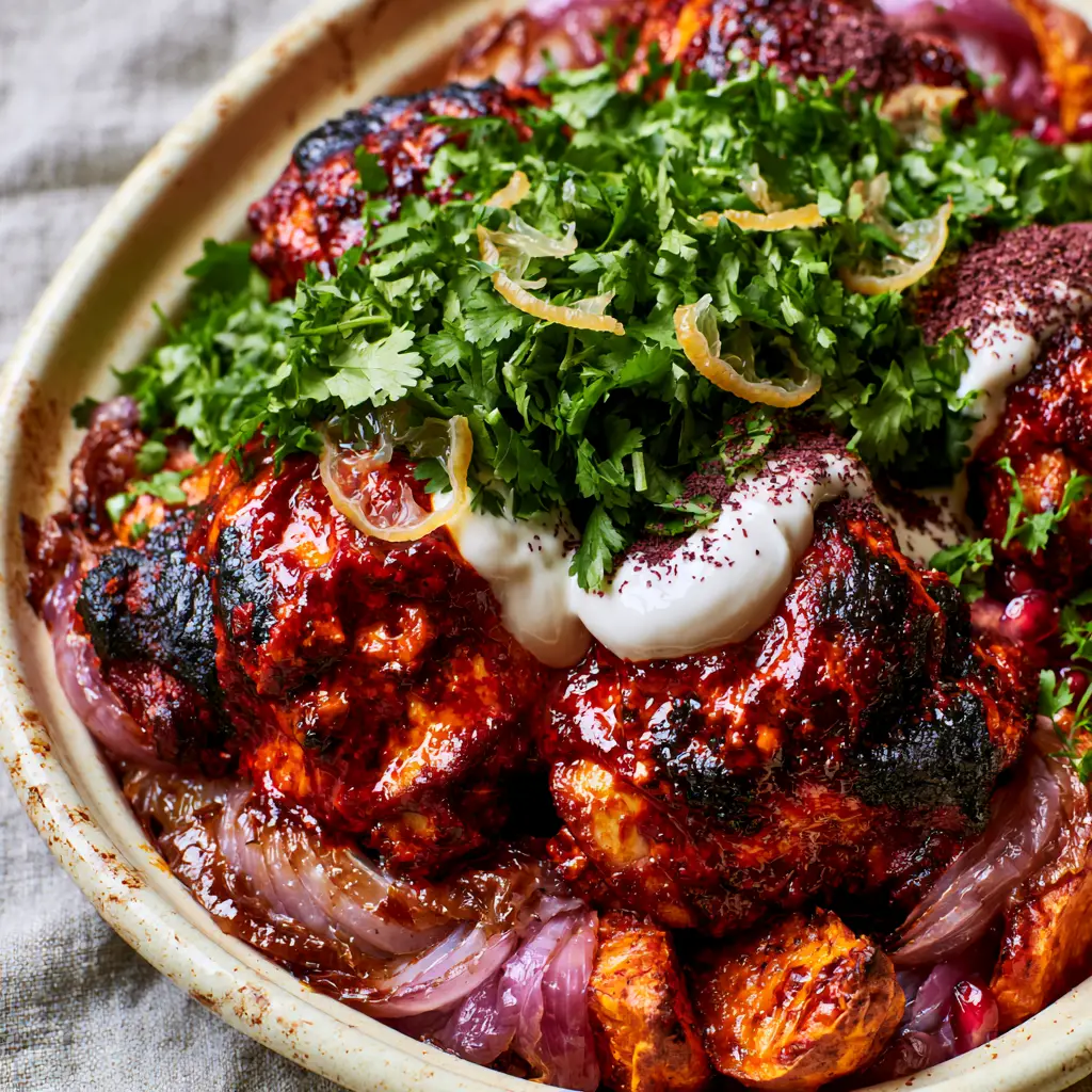 Moroccan Harissa Chicken with Roasted Sweet Potatoes and Tahini 1 Overhead view of Moroccan Harissa Chicken garnished with fresh cilantro, preserved lemon, and white tahini on a cream ceramic pan.