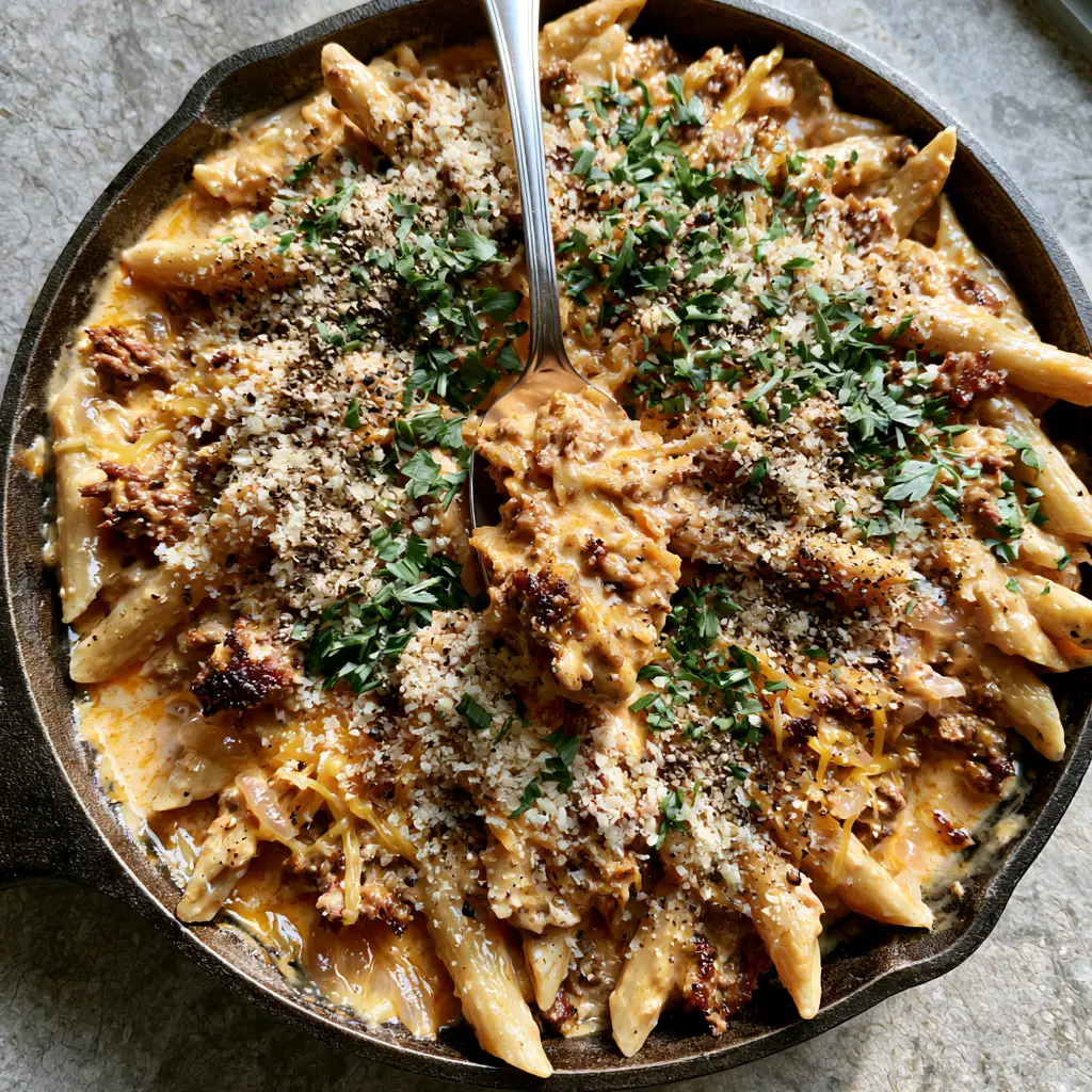 Creamy Beef Pasta with Sharp Cheddar and Seared Beef Crumbles 1 Close-up of a silver spoon lifting a portion of creamy beef pasta from a cast iron skillet, showing sauce consistency.