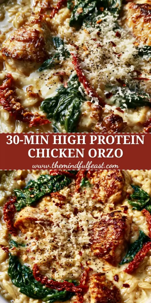 Creamy Orzo Chicken Recipe with Sun-Dried Tomatoes and Wilted Spinach 4 A close-up shot of creamy orzo chicken in a skillet with sun-dried tomatoes and spinach. (creamy orzo chicken recipe)