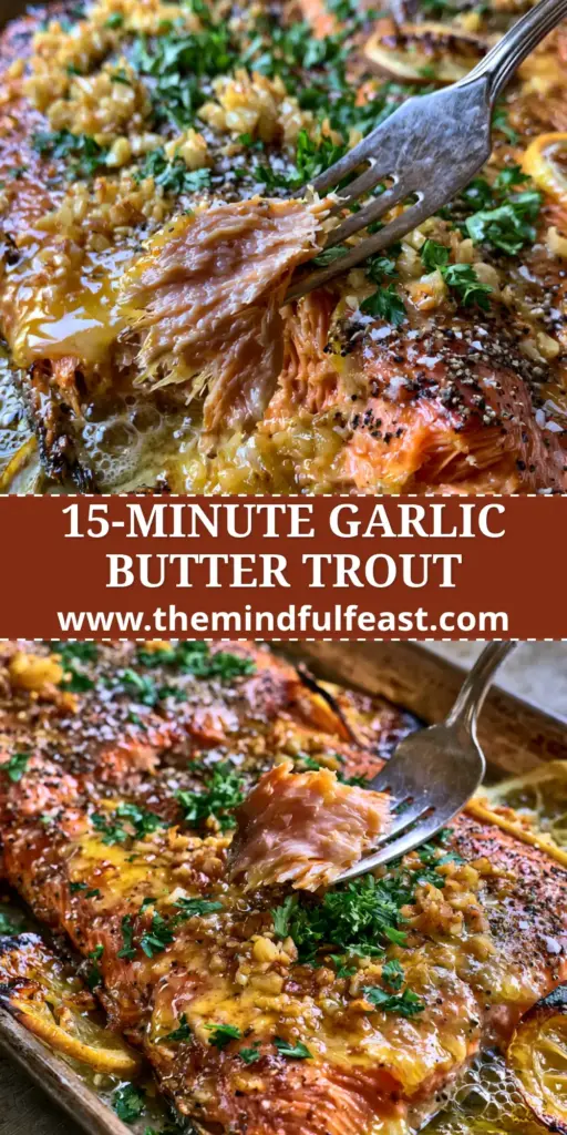 Garlic Butter Trout: The Ultimate 15-Minute Pan-Seared Masterpiece 3 A golden-charred sheet pan featuring two juicy garlic butter trout fillets with charred lemon wheels and fresh parsley.
