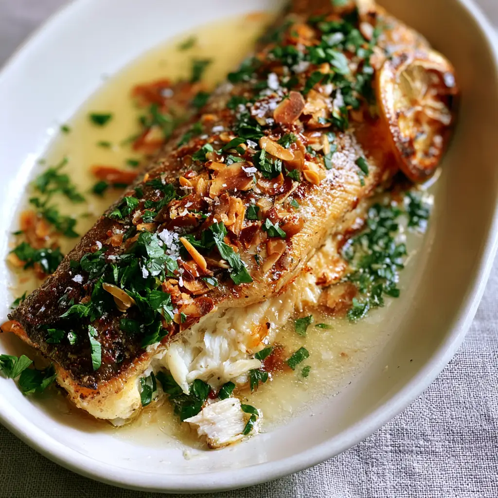Top-down macro shot of pan-seared trout fillet with golden almonds and lemon garlic butter.